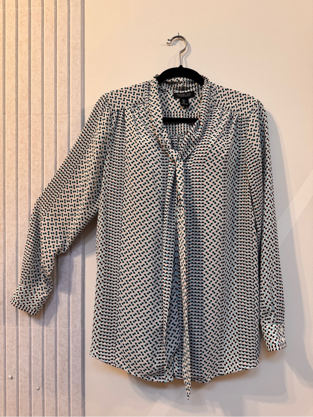 Rachel Zoe Geometric Tie-Front Blouse - Black, White, Pink and Baby Blue